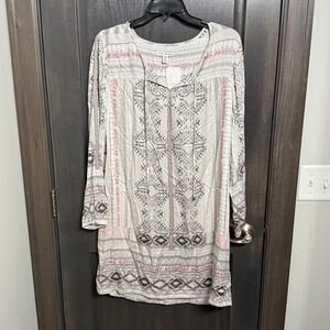 Tribal NWT Women's M Geometric Print Tunic Dress Pink Gray‎ Long Sleeve